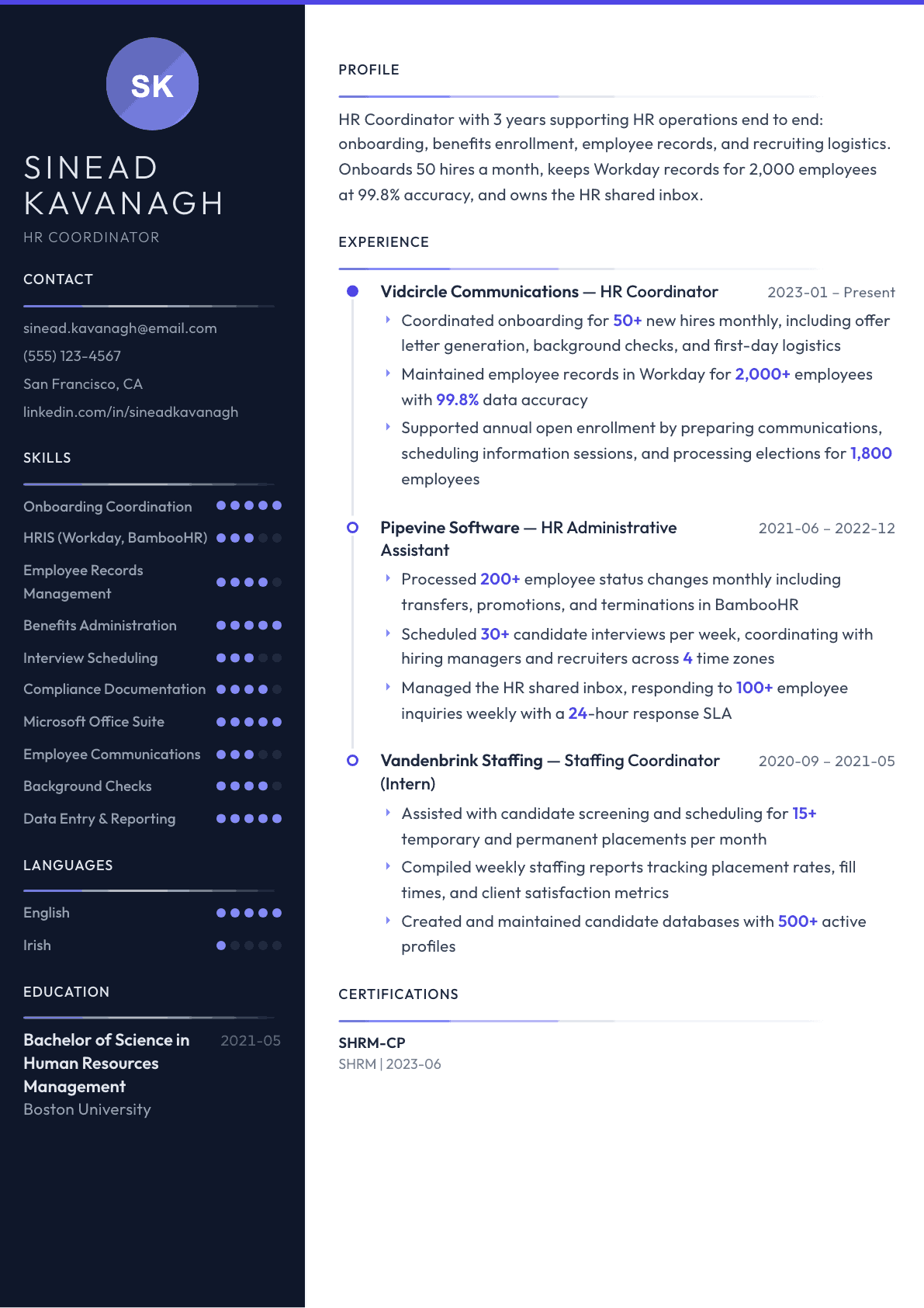HR Coordinator resume example, Zenith template