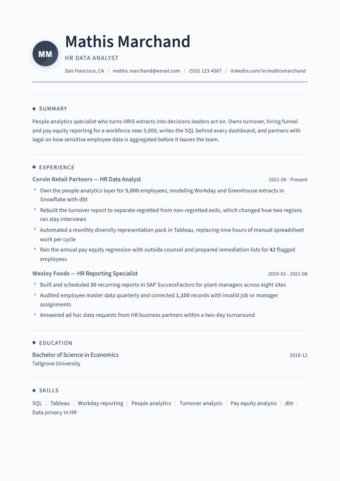 HR Data Analyst resume example, Thread template