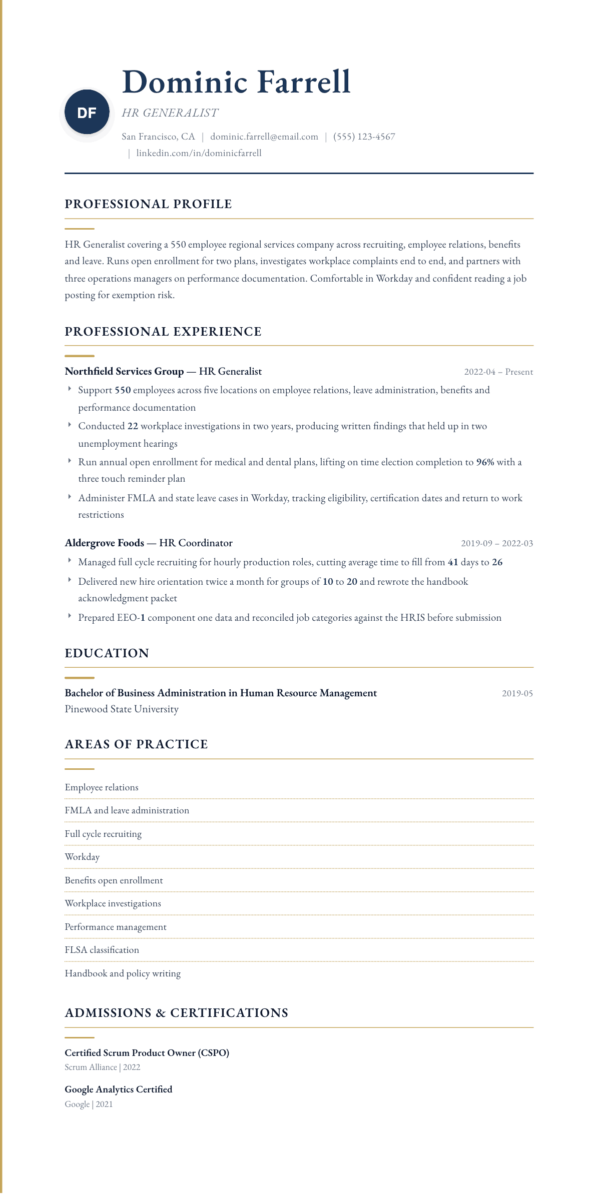 HR Generalist resume example, Folio template