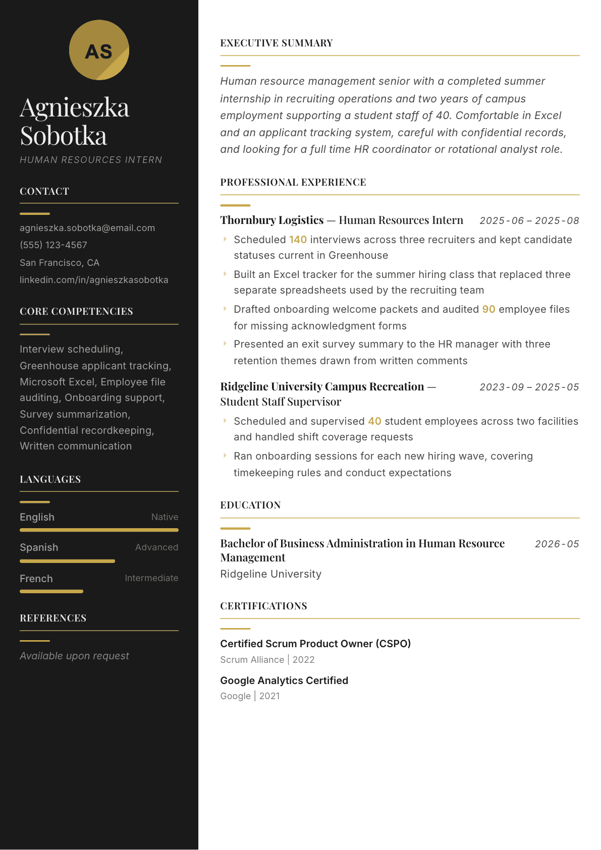 HR Intern resume example, Ink & Gold template