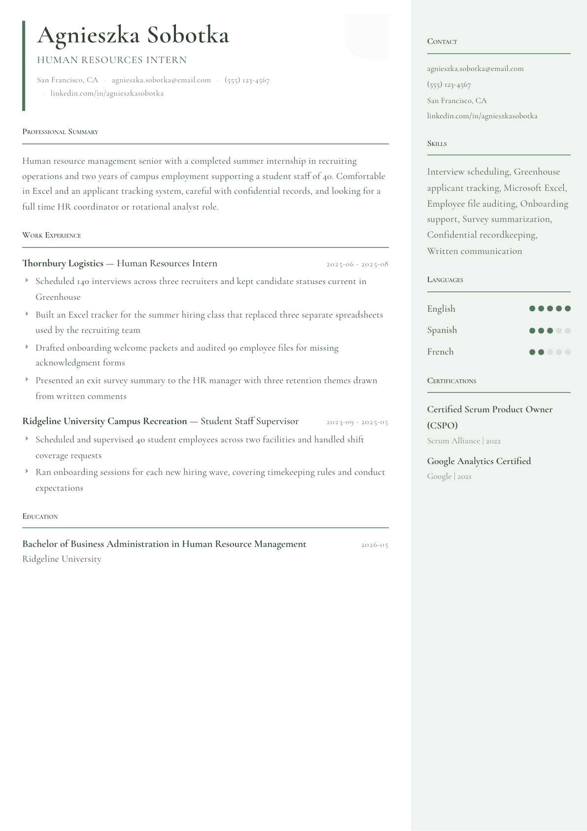 HR Intern resume example, Copenhagen template