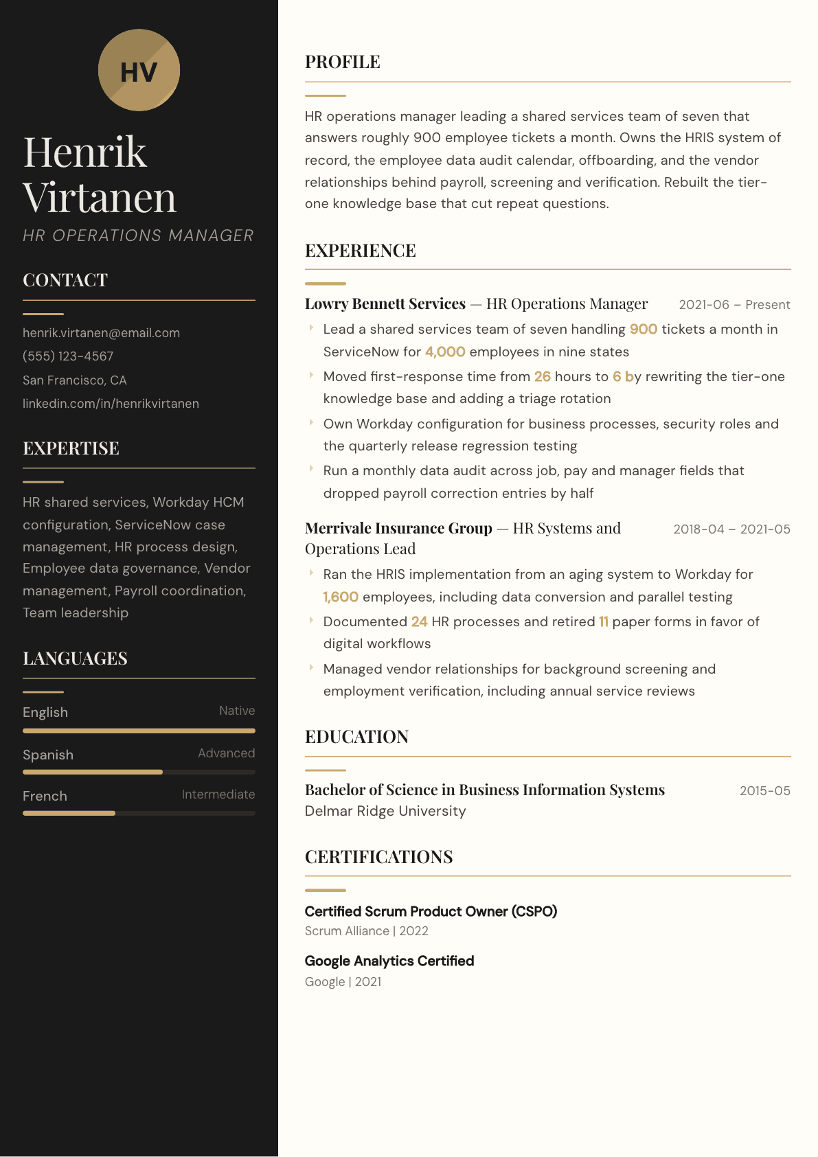 HR Operations Manager resume example, Obsidian template