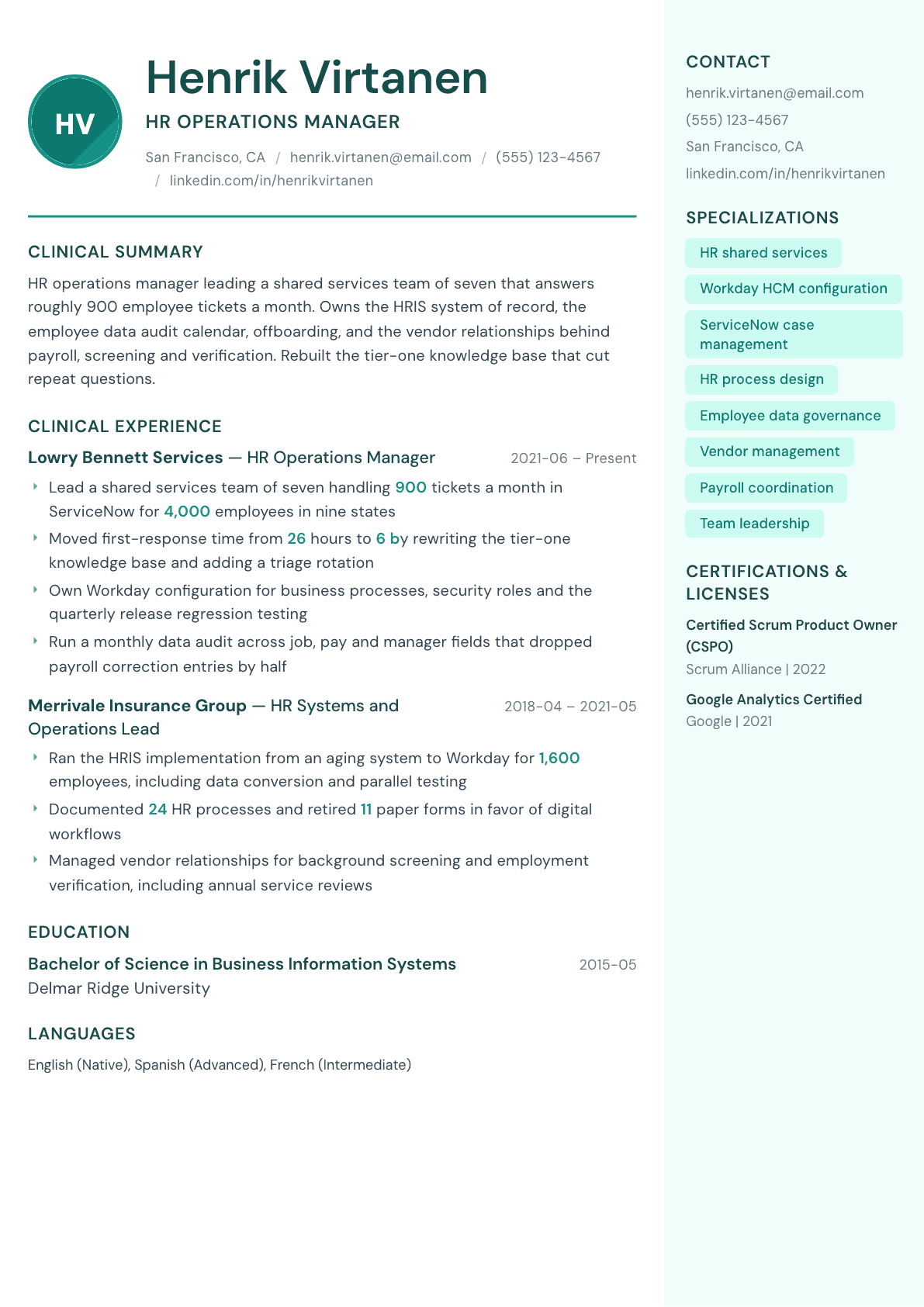 HR Operations Manager resume example, Remedy template