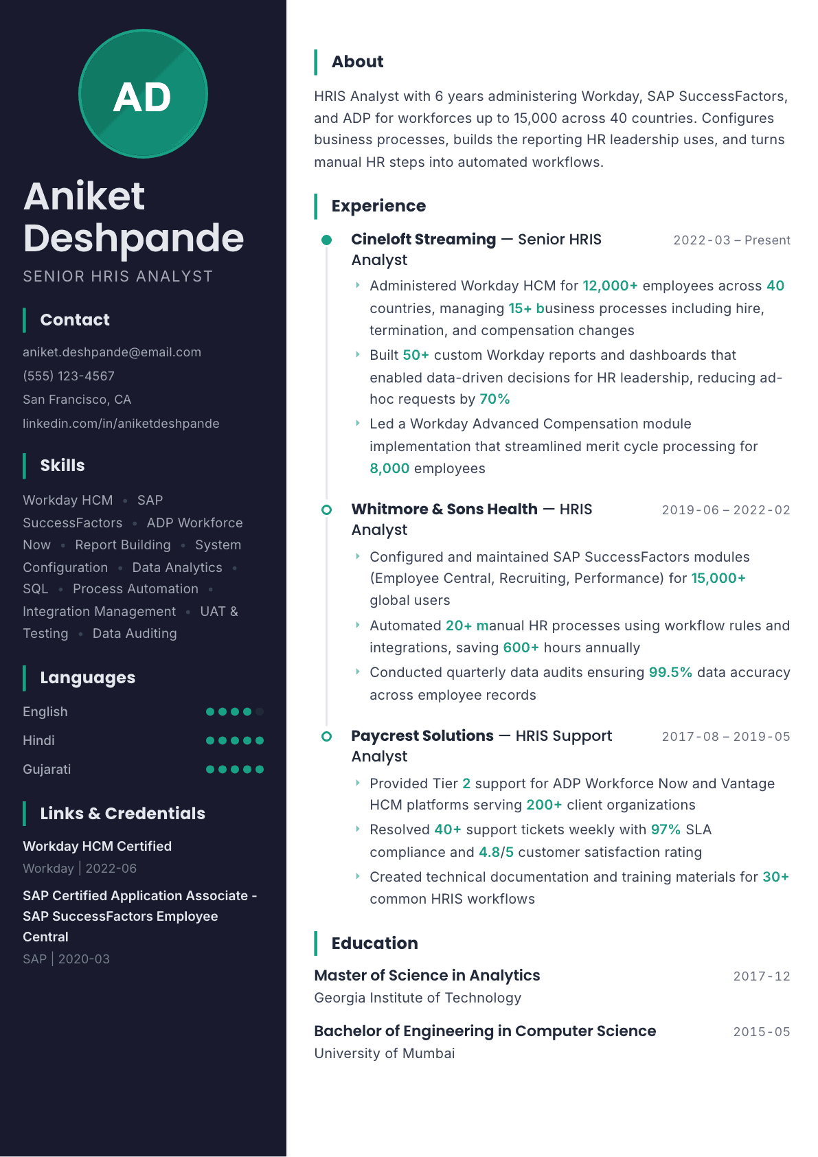 HRIS Analyst resume example, Bapak template