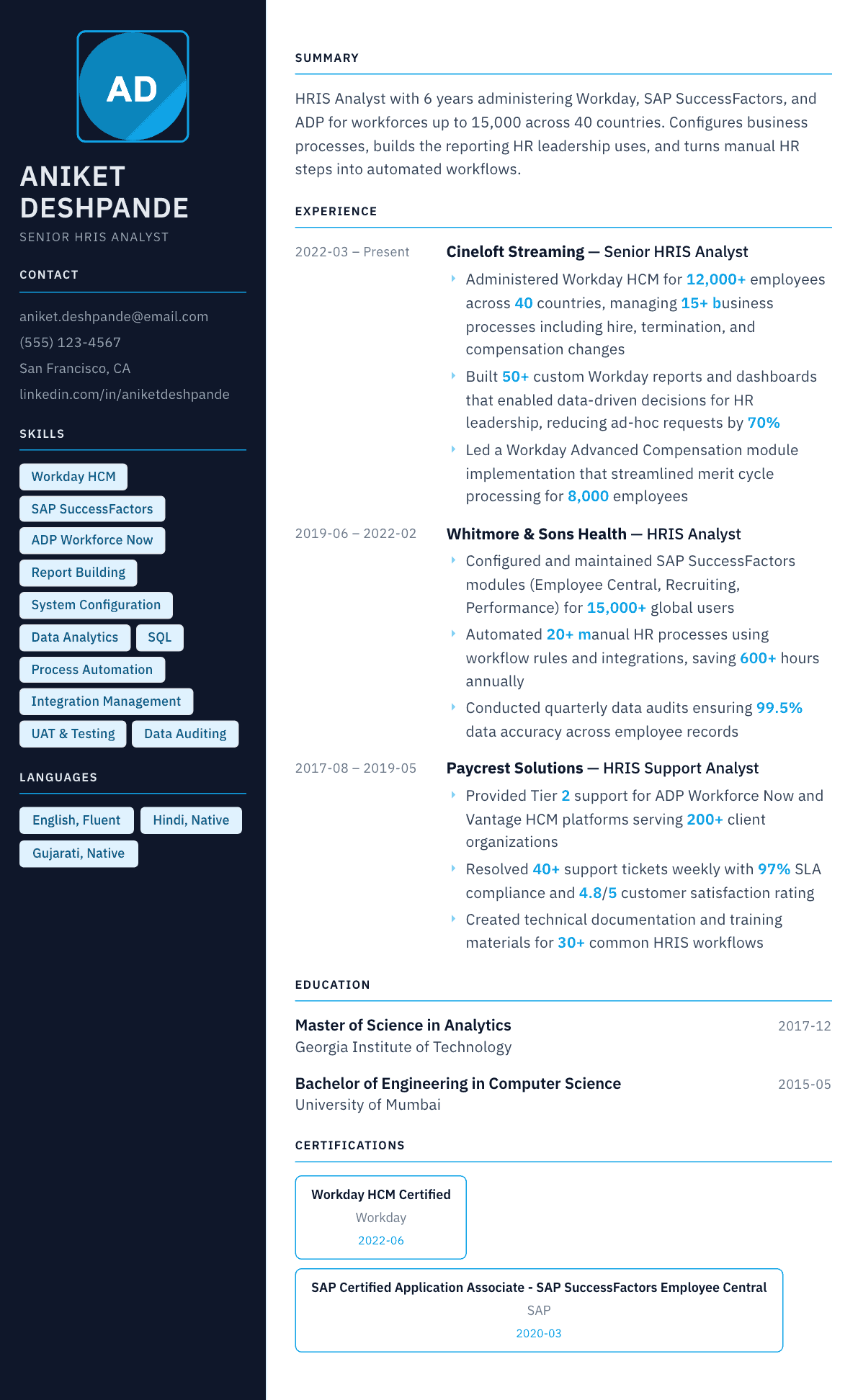 HRIS Analyst resume example, Everest template