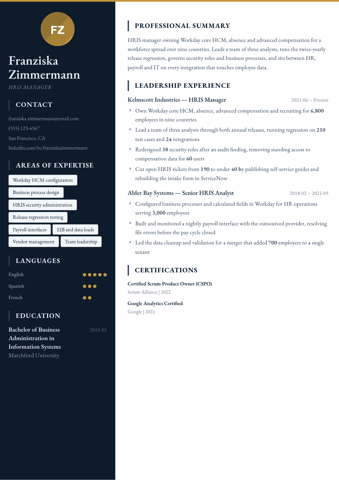 HRIS Manager resume example, Presidio template