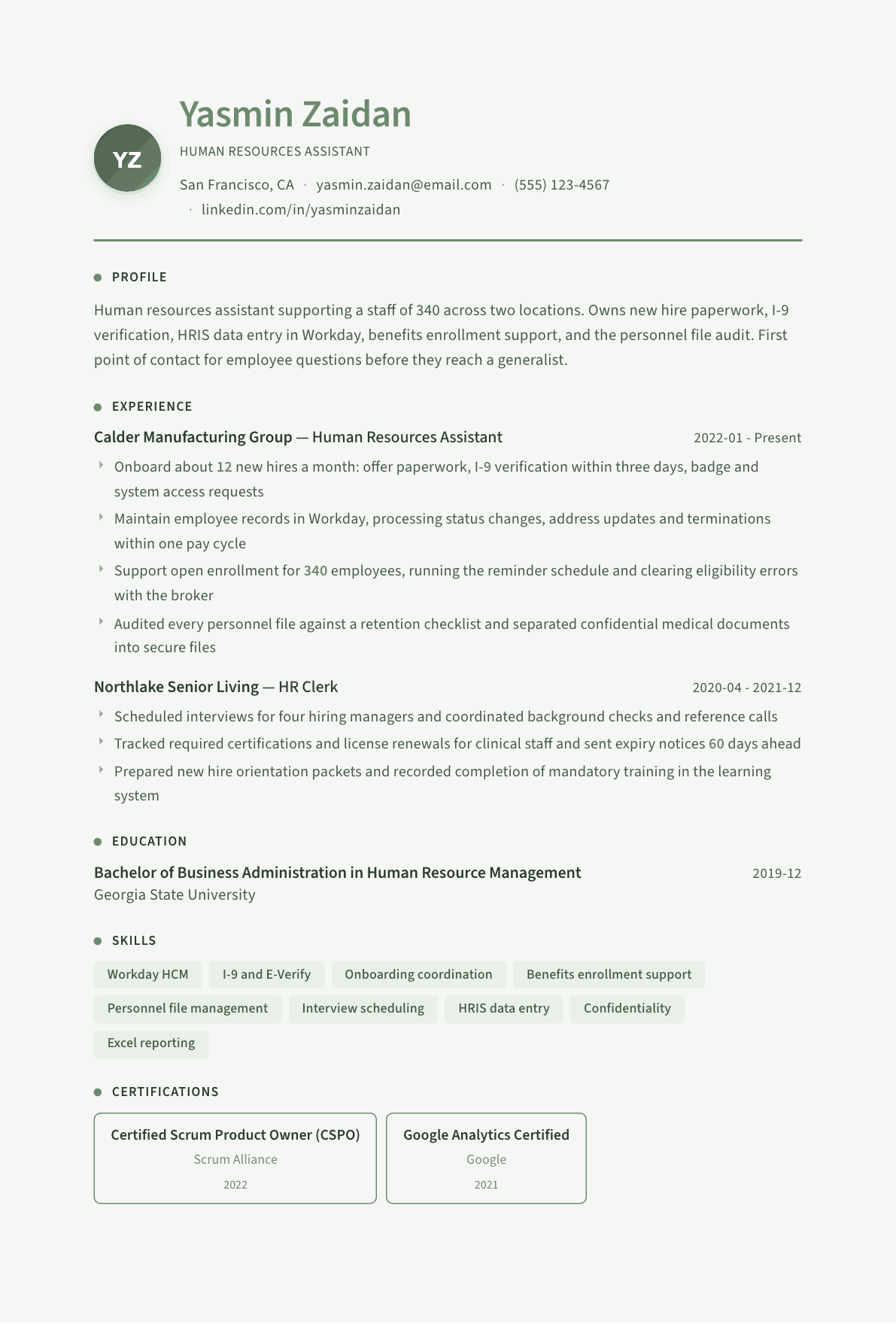 Human Resources Assistant resume example, Sage Garden template
