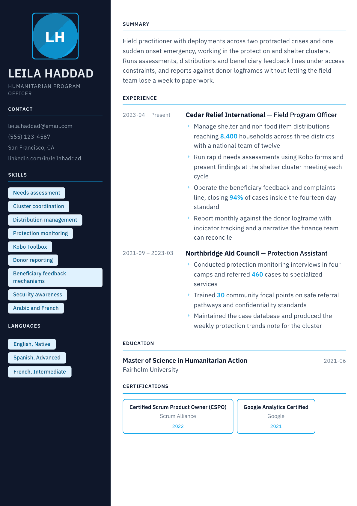 Humanitarian Worker resume example, Everest template
