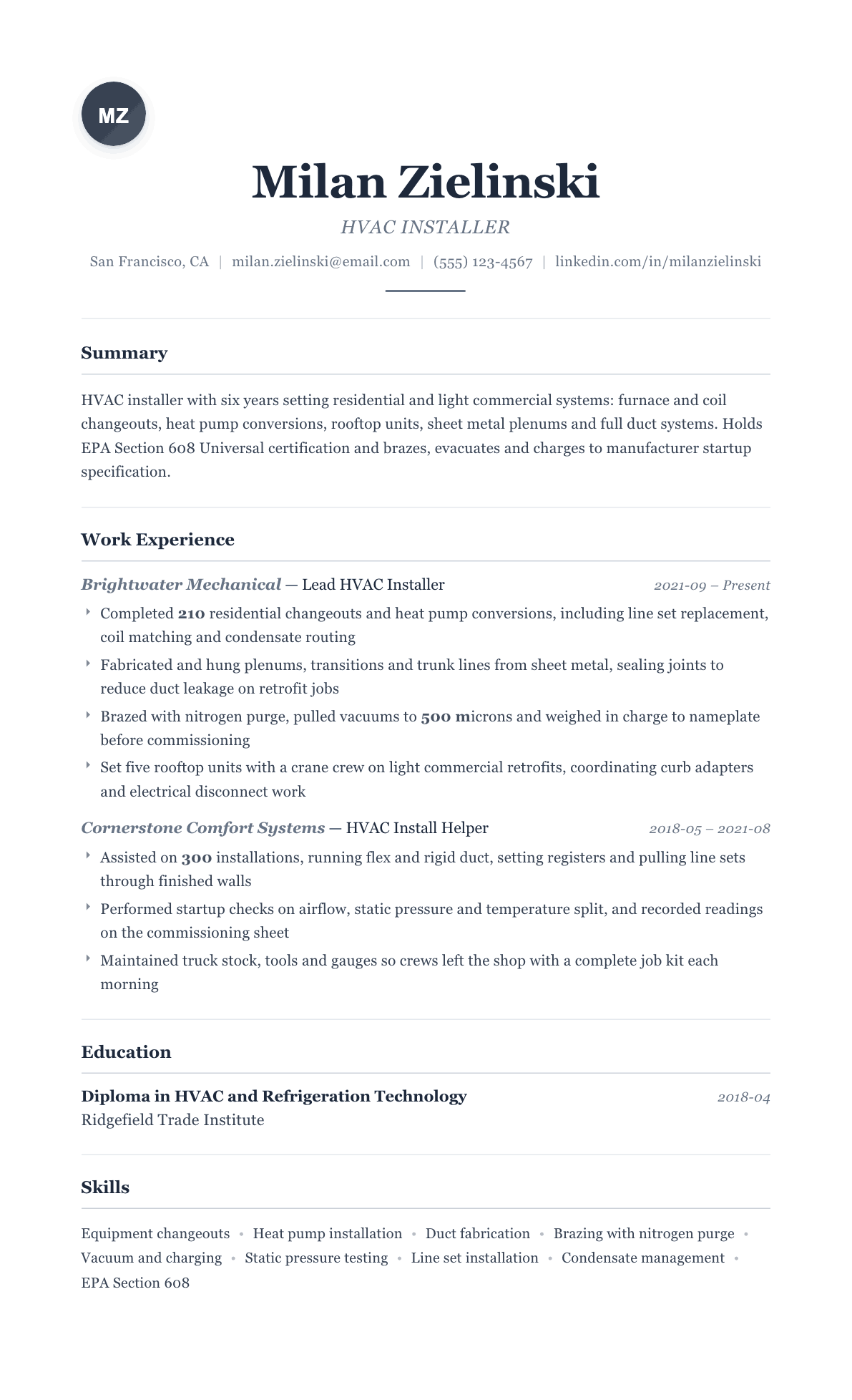 HVAC Installer resume example, Classic template