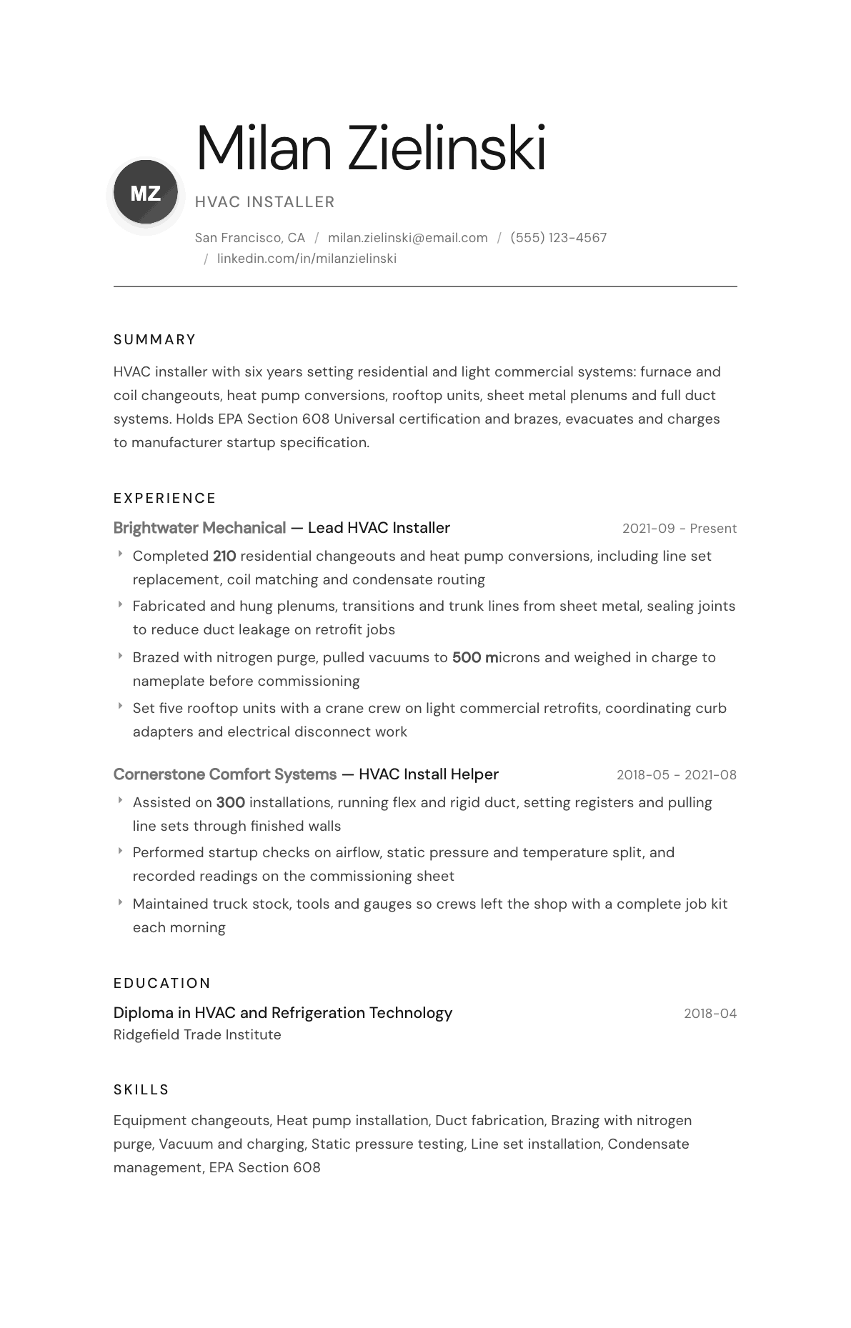 HVAC Installer resume example, Whisper template