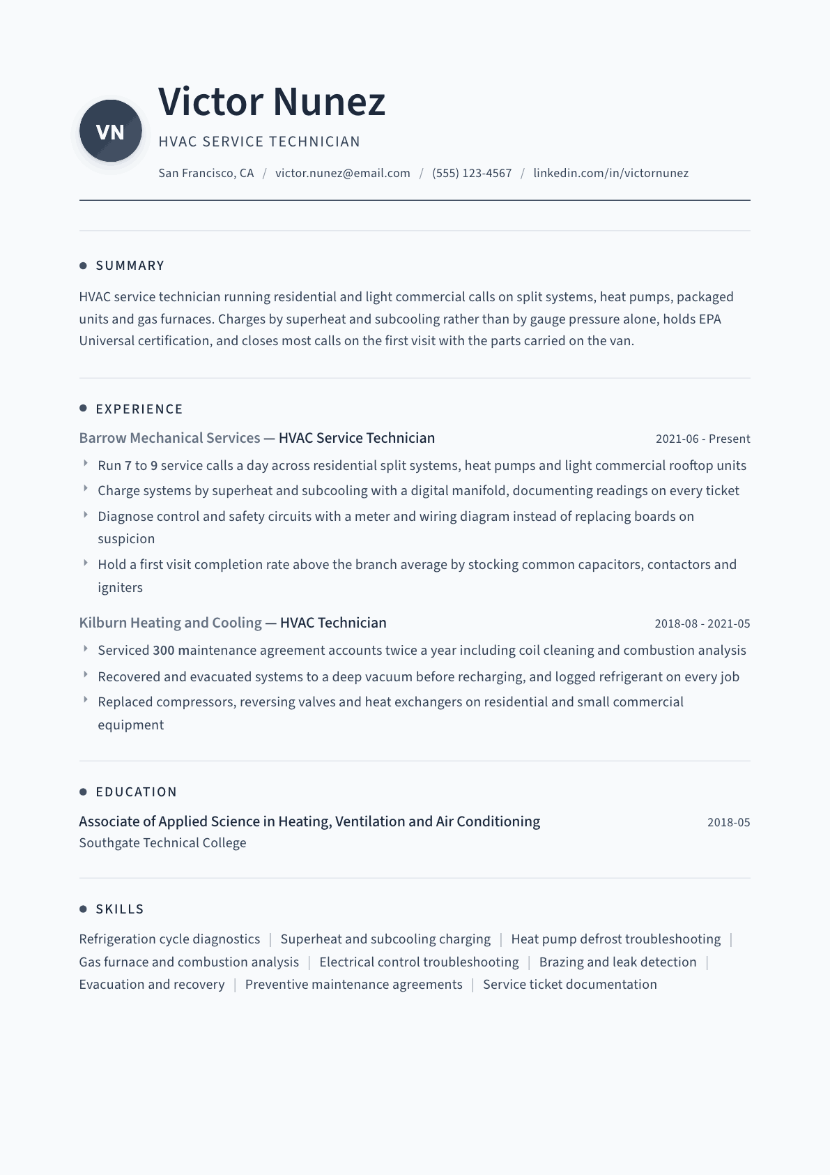 HVAC Service Technician resume example, Thread template