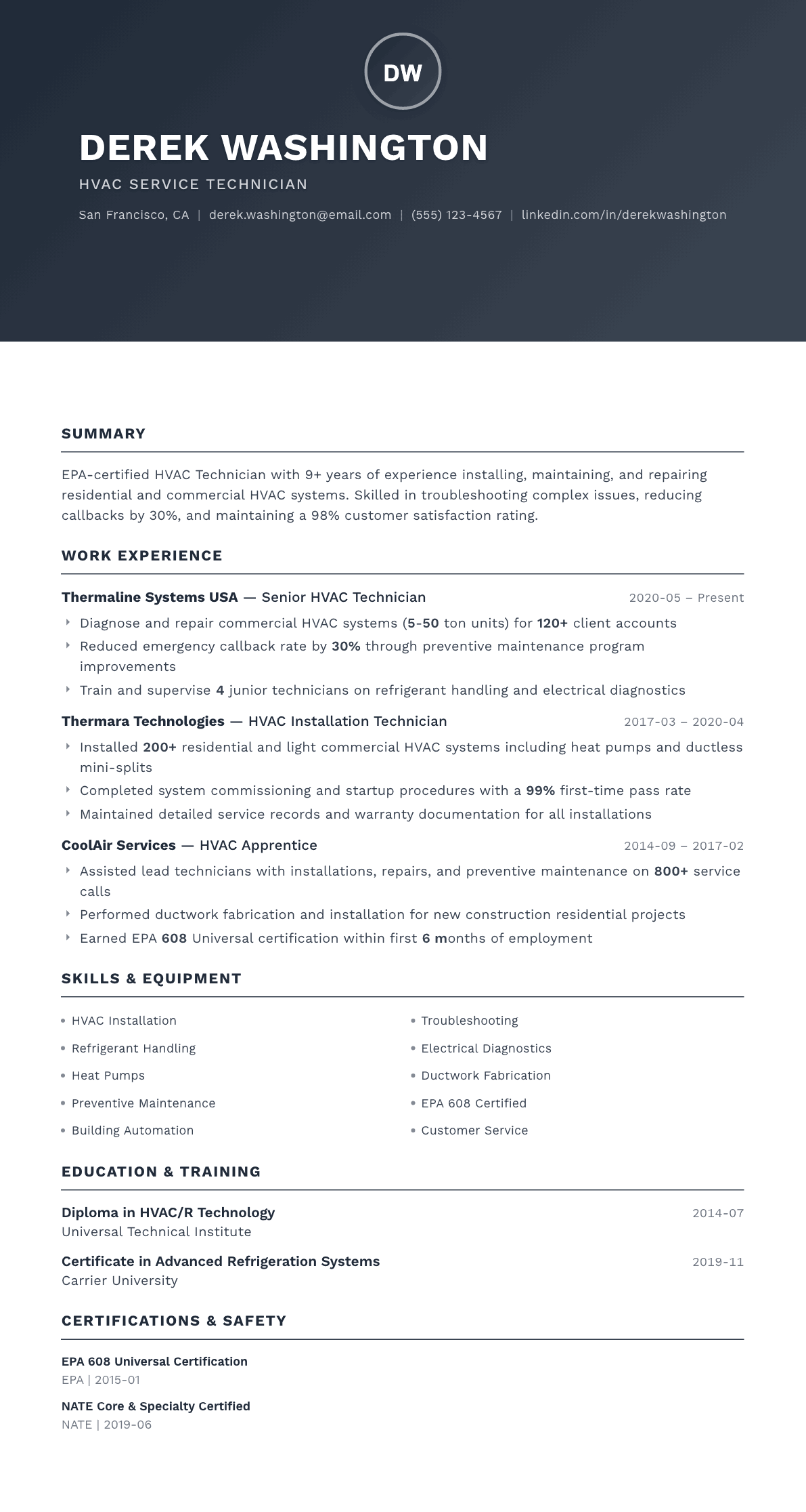 HVAC Technician resume example, Foundation template