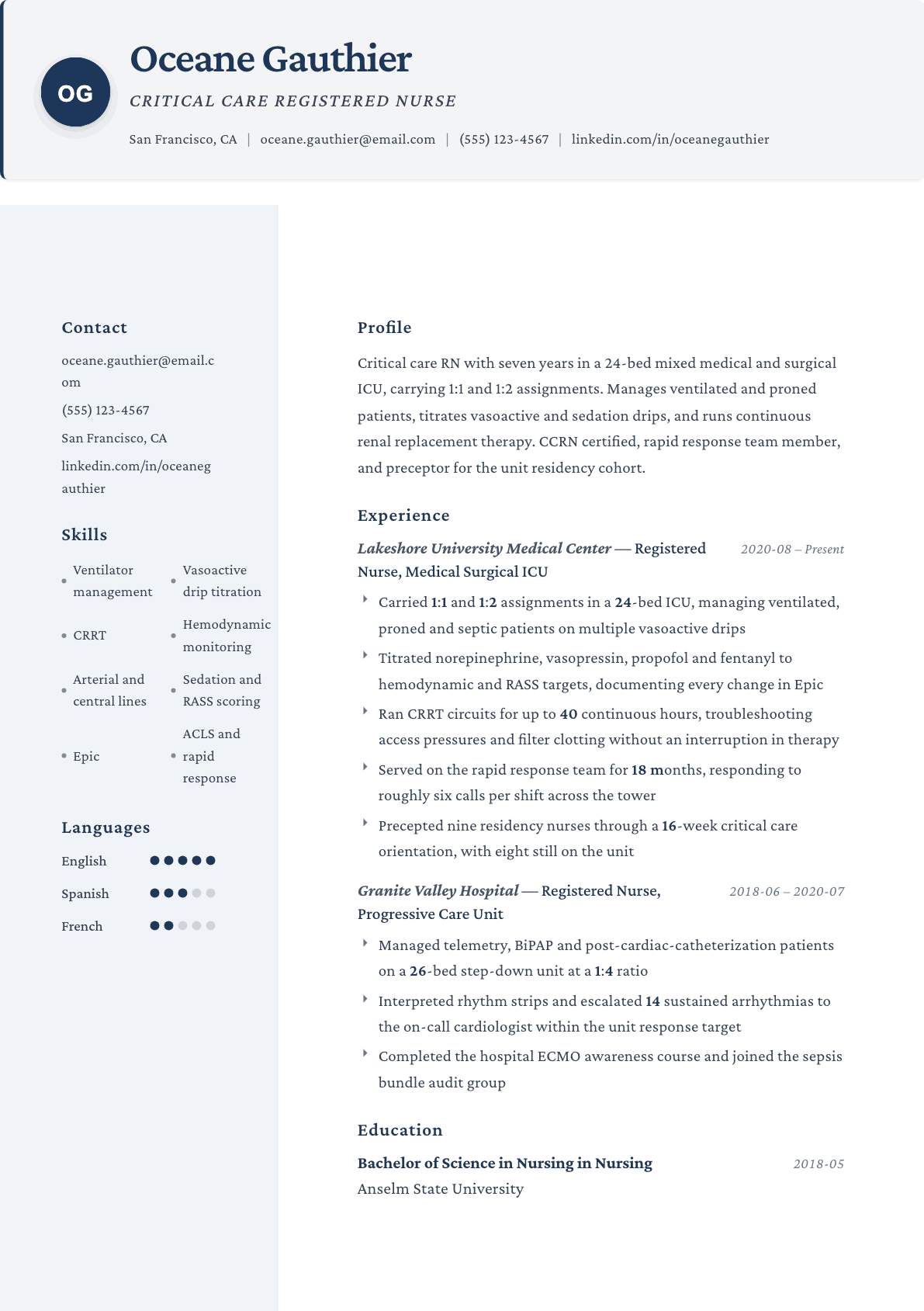 ICU Nurse resume example, Formal template