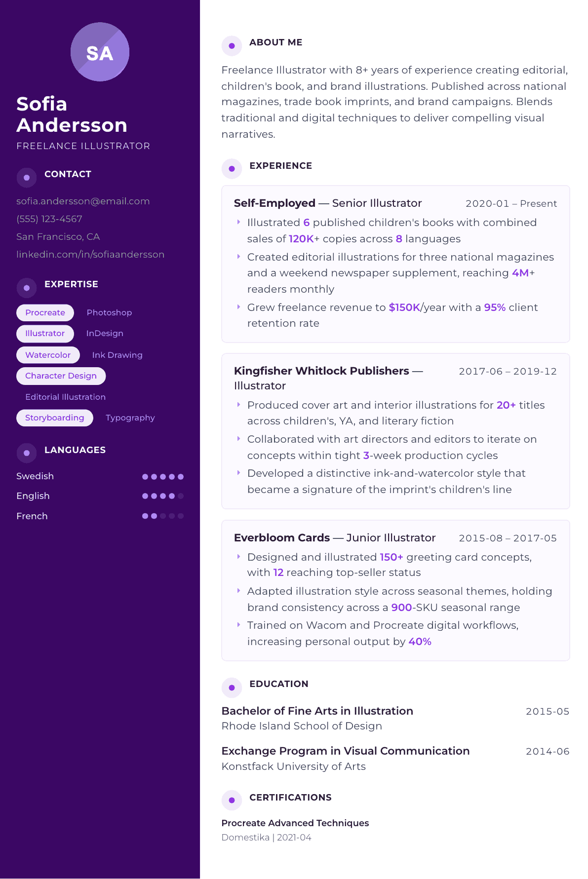 Illustrator resume example, Palette template