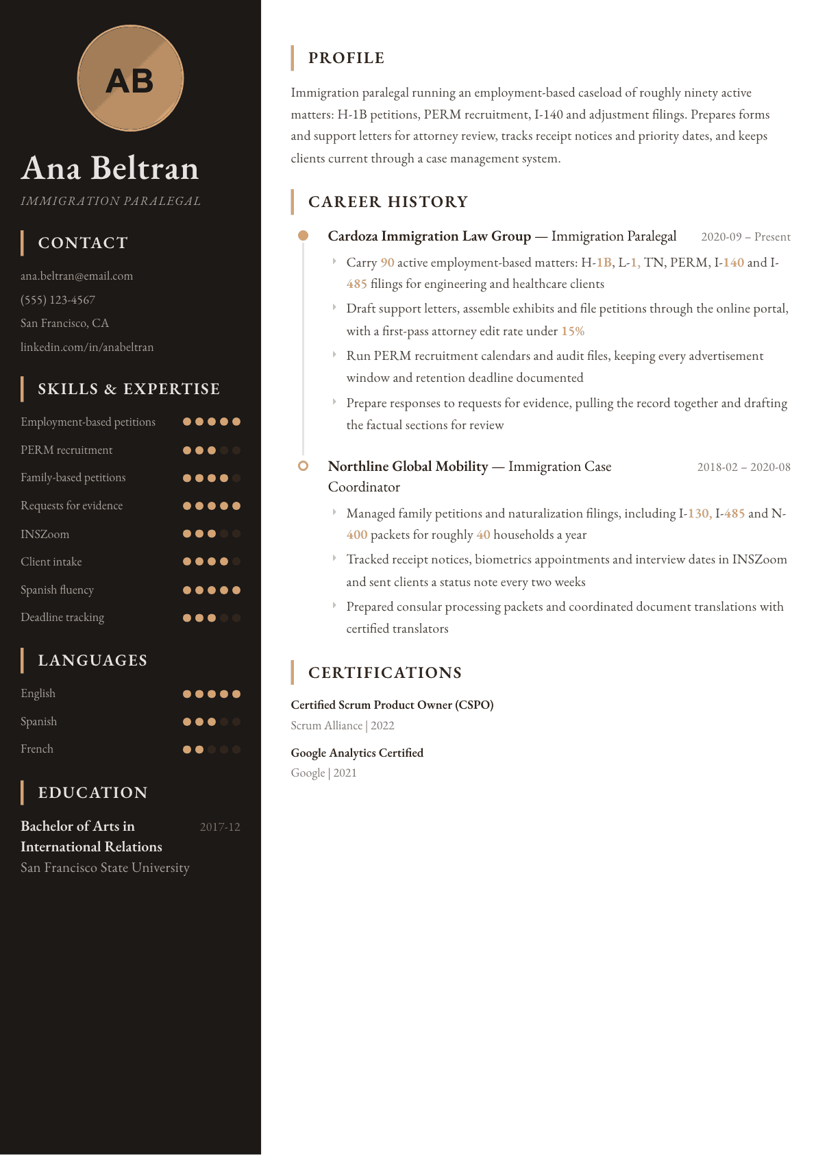 Immigration Paralegal resume example, Heritage template
