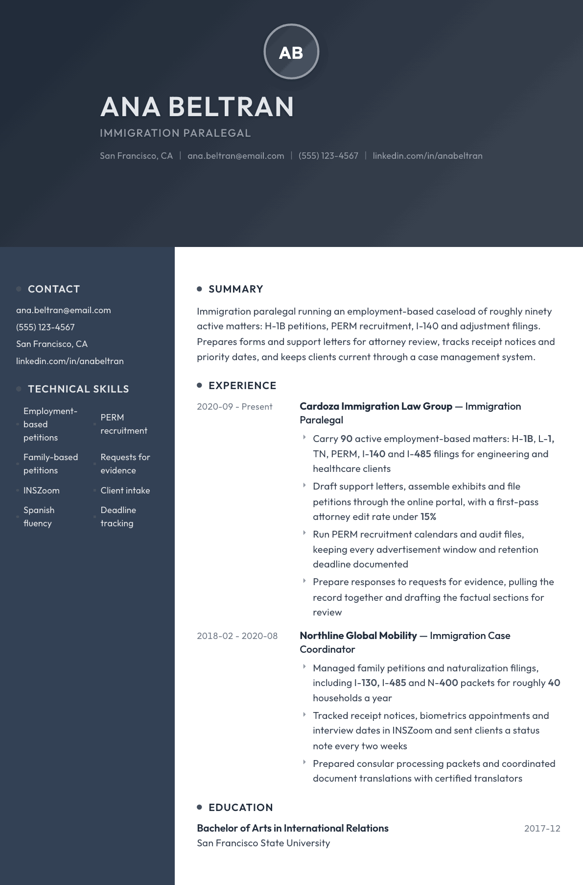 Immigration Paralegal resume example, Binary template