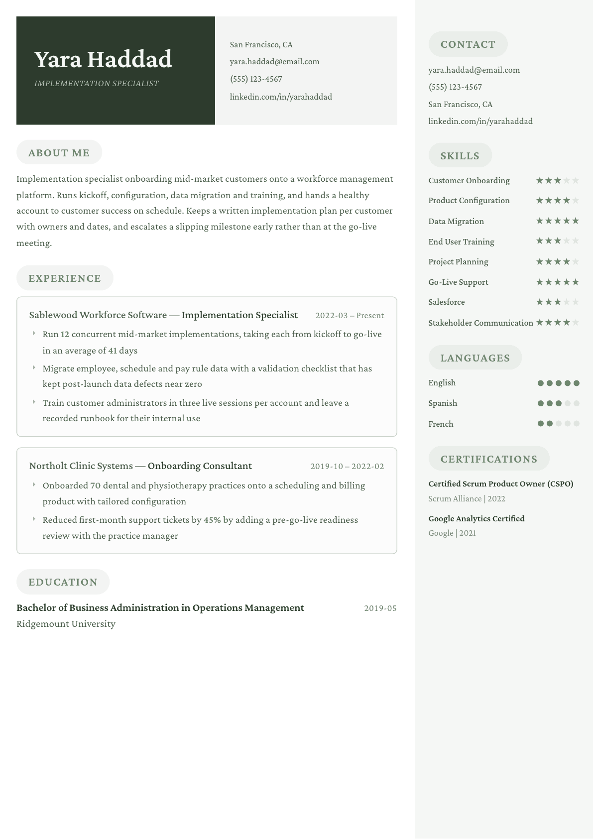 Implementation Specialist resume example, Mayfair template