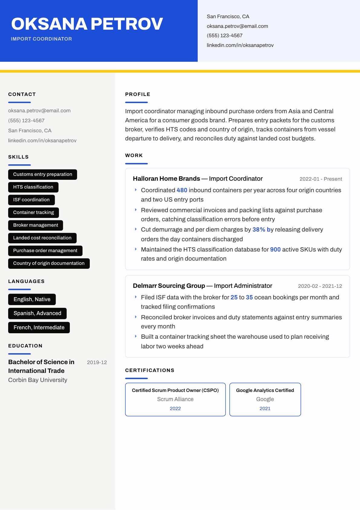 Import Coordinator resume example, Kontrast template