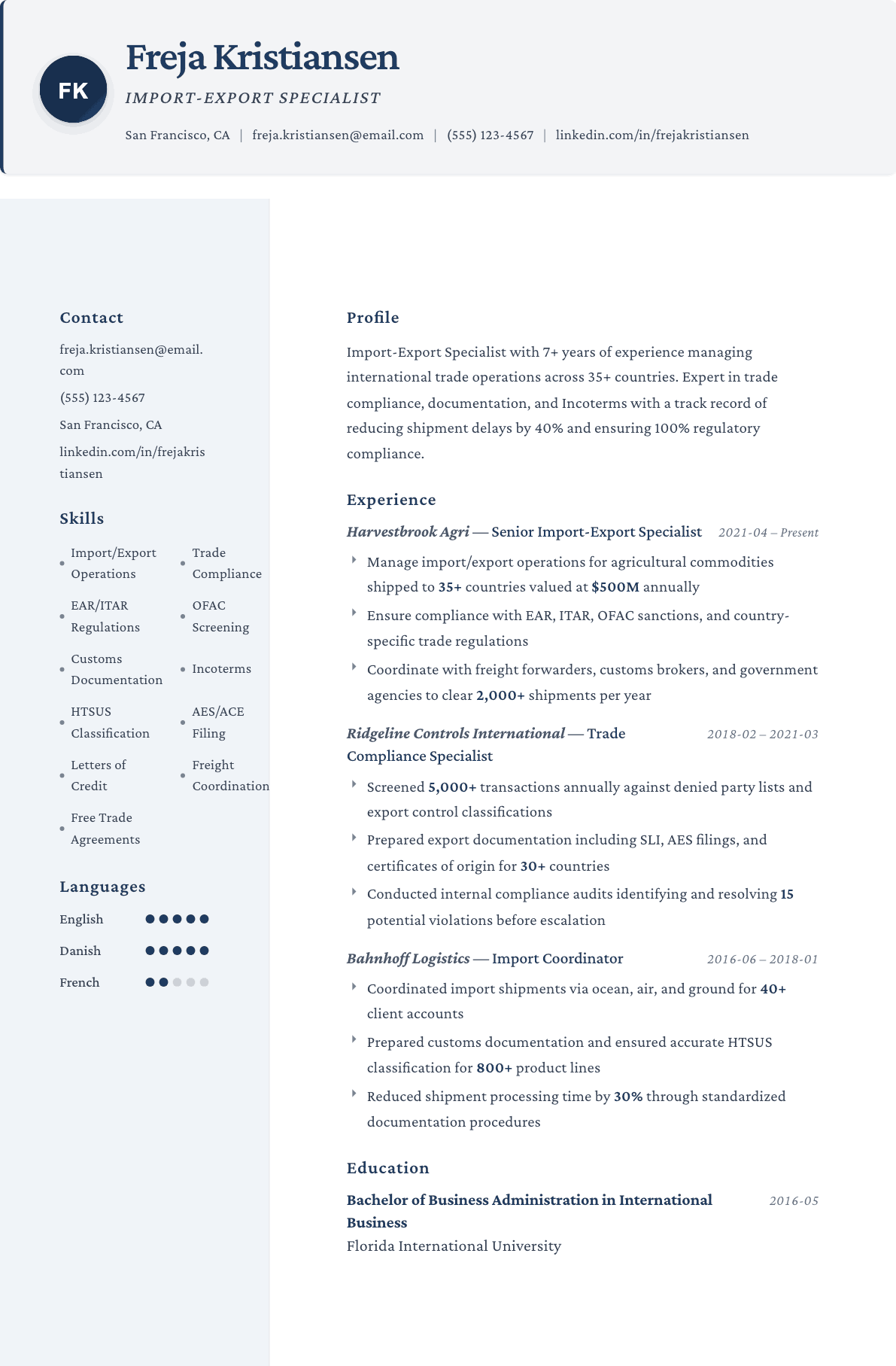 Import-Export Specialist resume example, Formal template