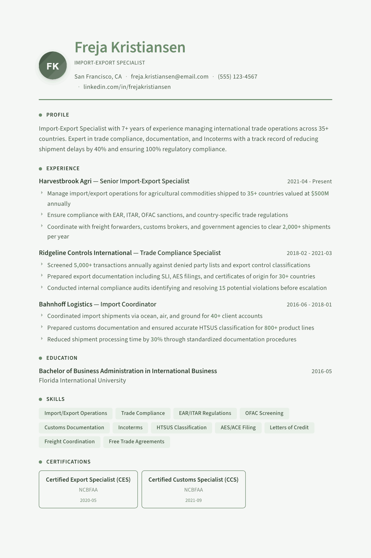 Import-Export Specialist resume example, Sage Garden template