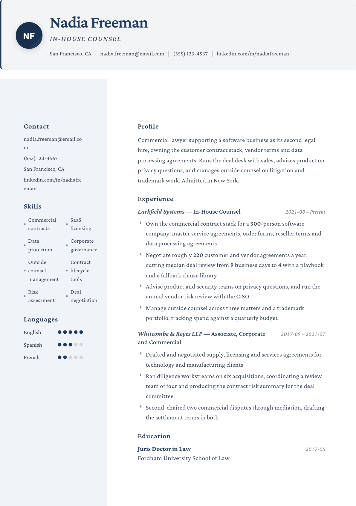 In-House Counsel resume example, Formal template