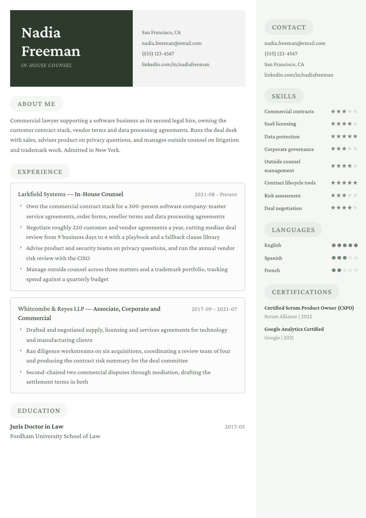 In-House Counsel resume example, Mayfair template