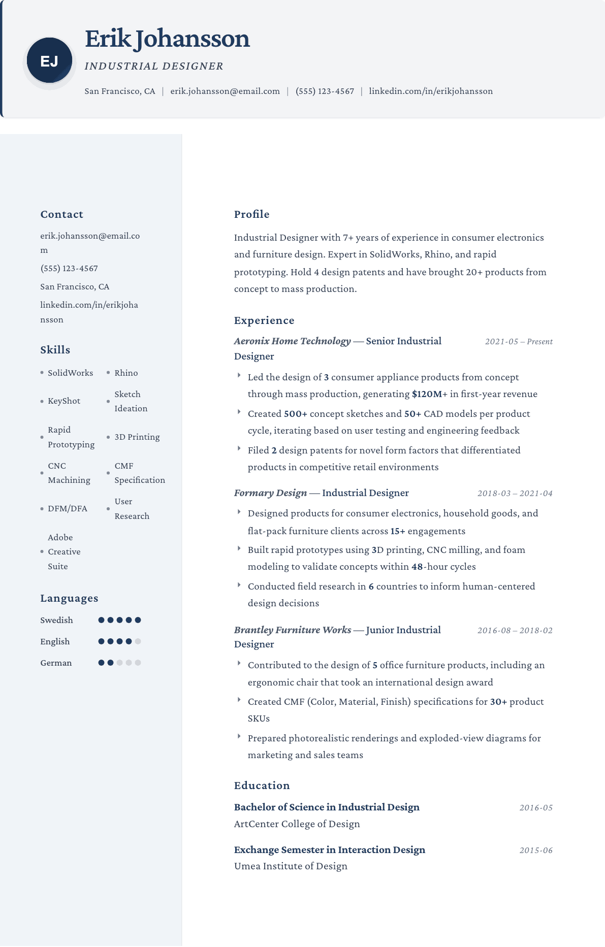 Industrial Designer resume example, Formal template