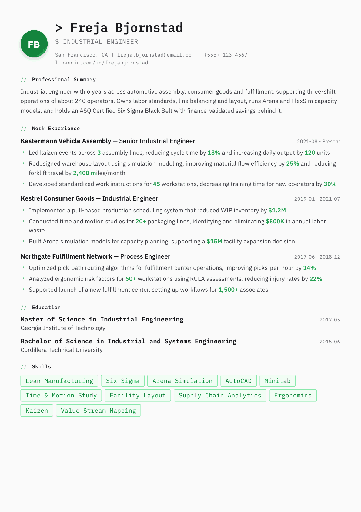 Industrial Engineer resume example, Amsterdam template