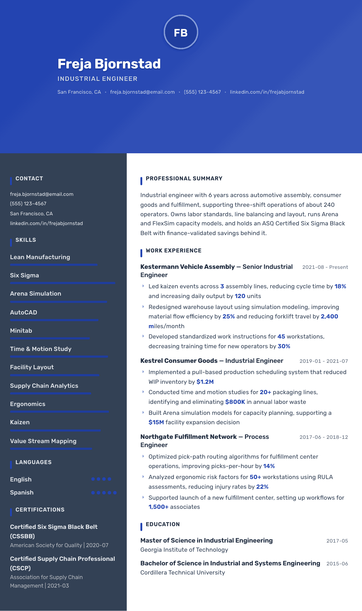 Industrial Engineer resume example, Barcelona template