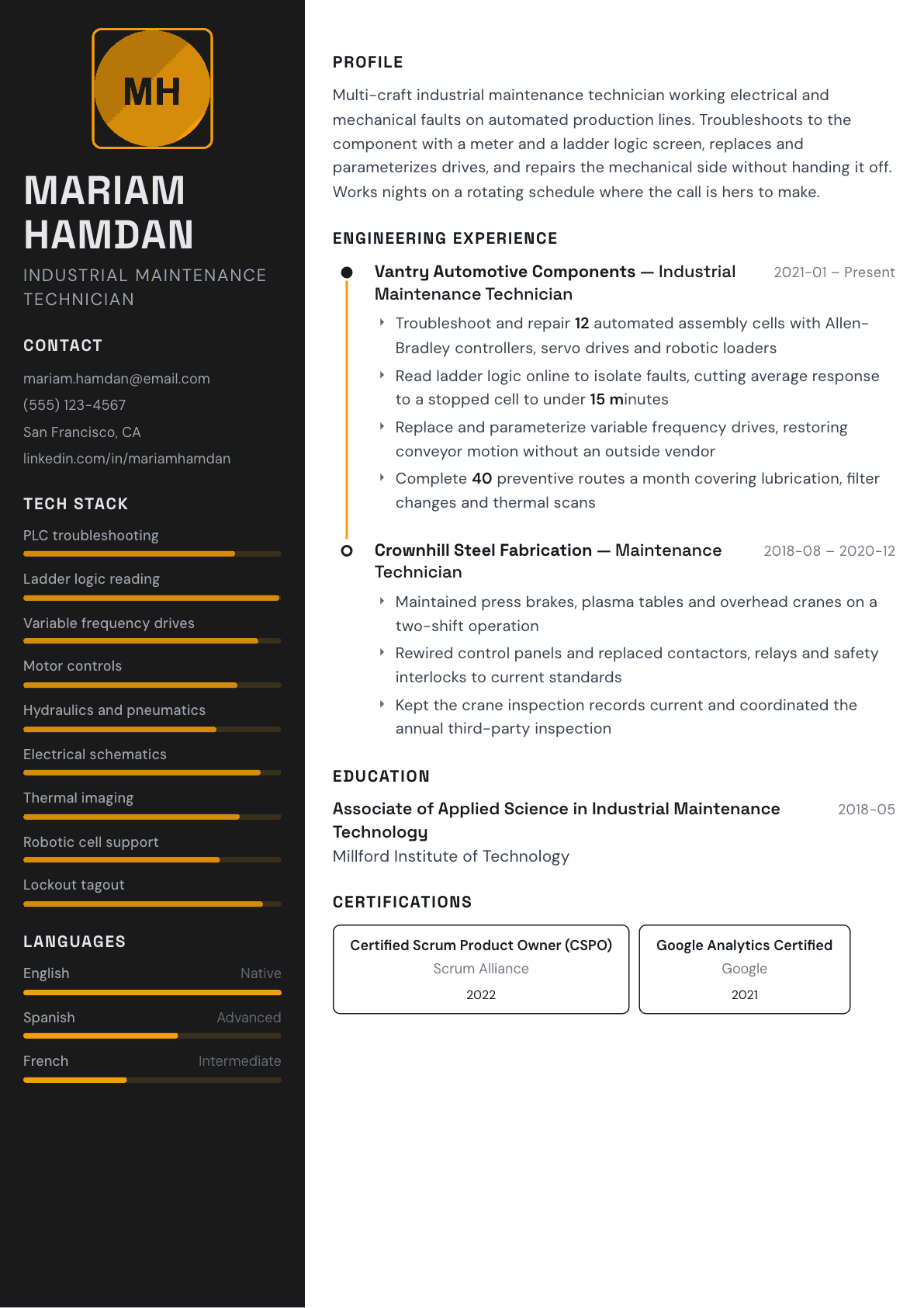 Industrial Maintenance Technician resume example, Architect template