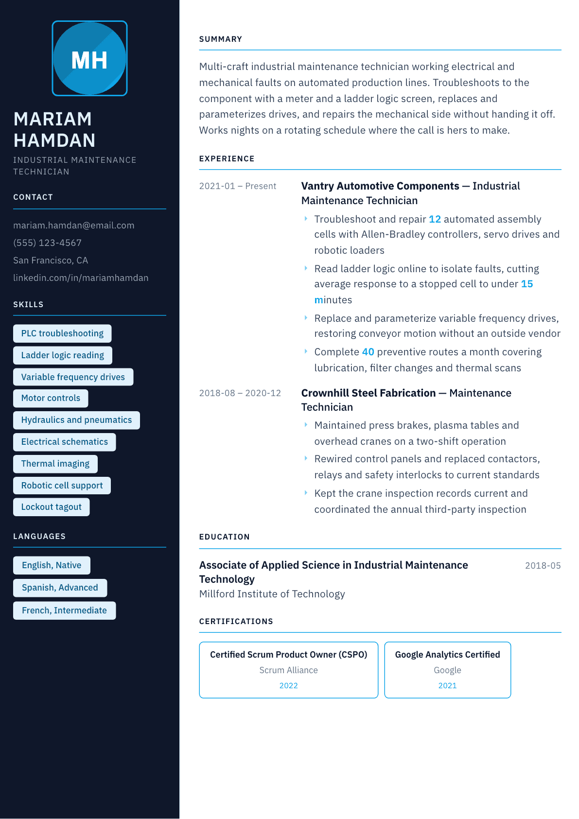 Industrial Maintenance Technician resume example, Everest template