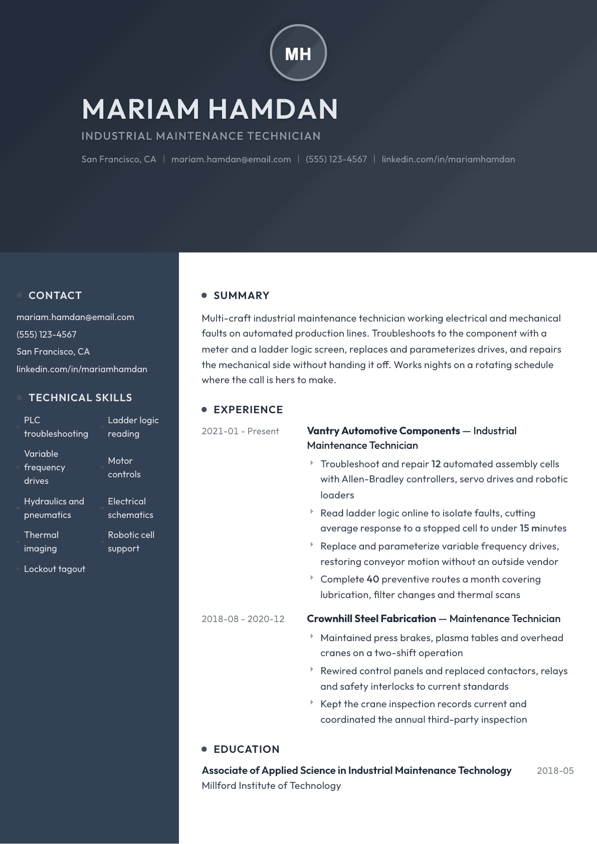 Industrial Maintenance Technician resume example, Binary template