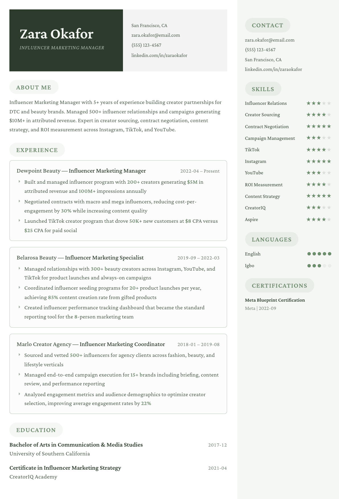 Influencer Marketing Manager resume example, Mayfair template