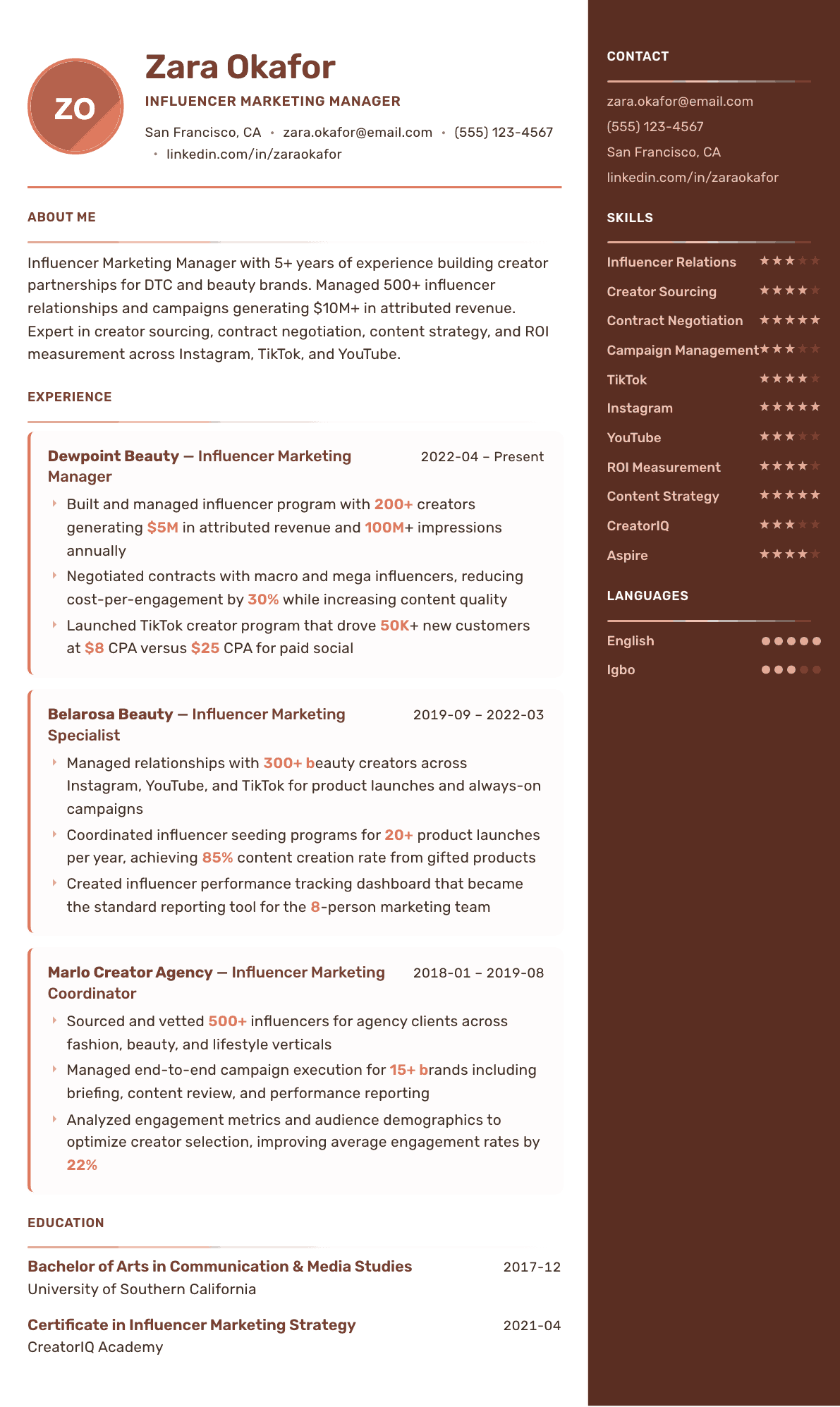 Influencer Marketing Manager resume example, Mosaic template