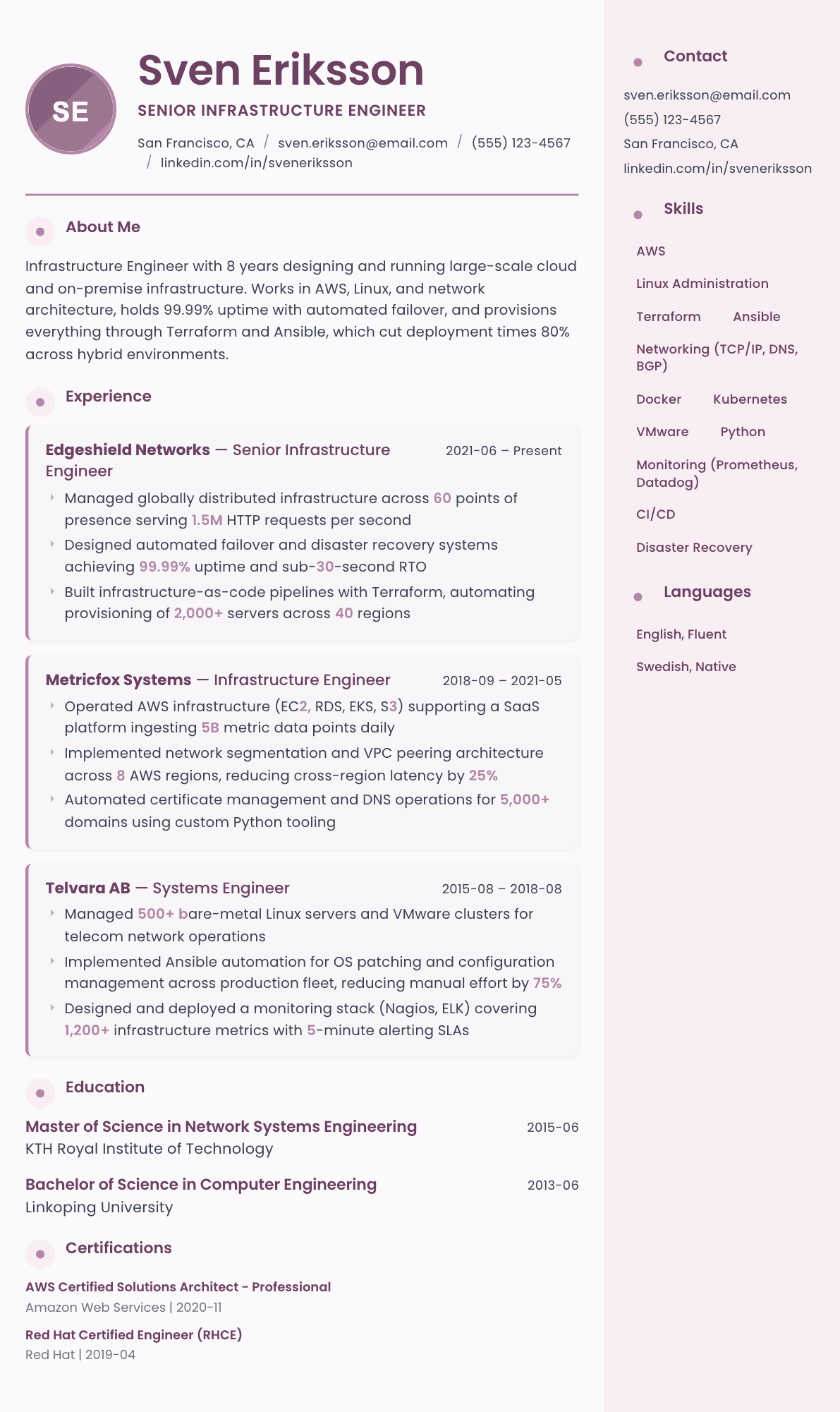 Infrastructure Engineer resume example, Bloom template