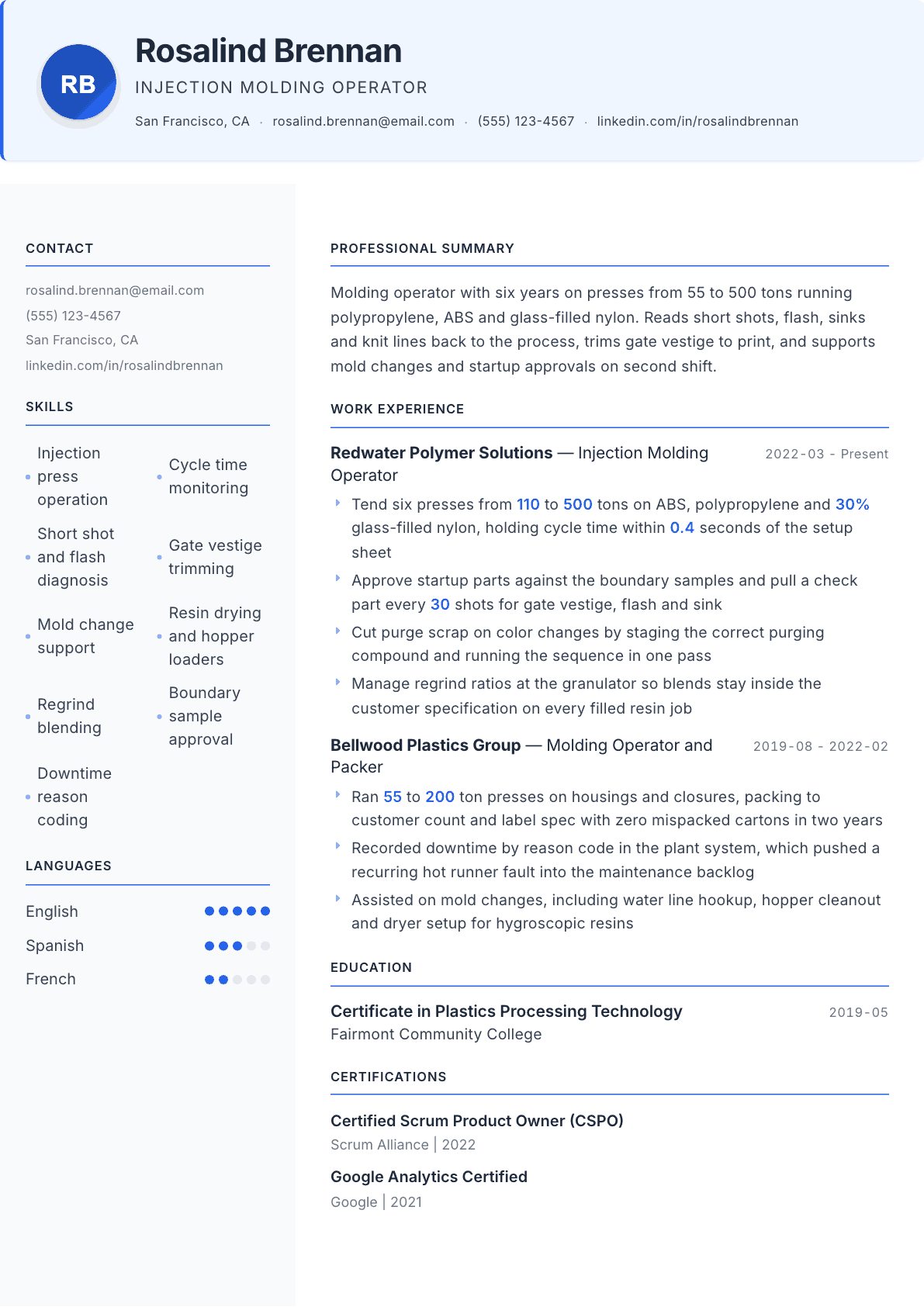 Injection Molding Operator resume example, Geneva template