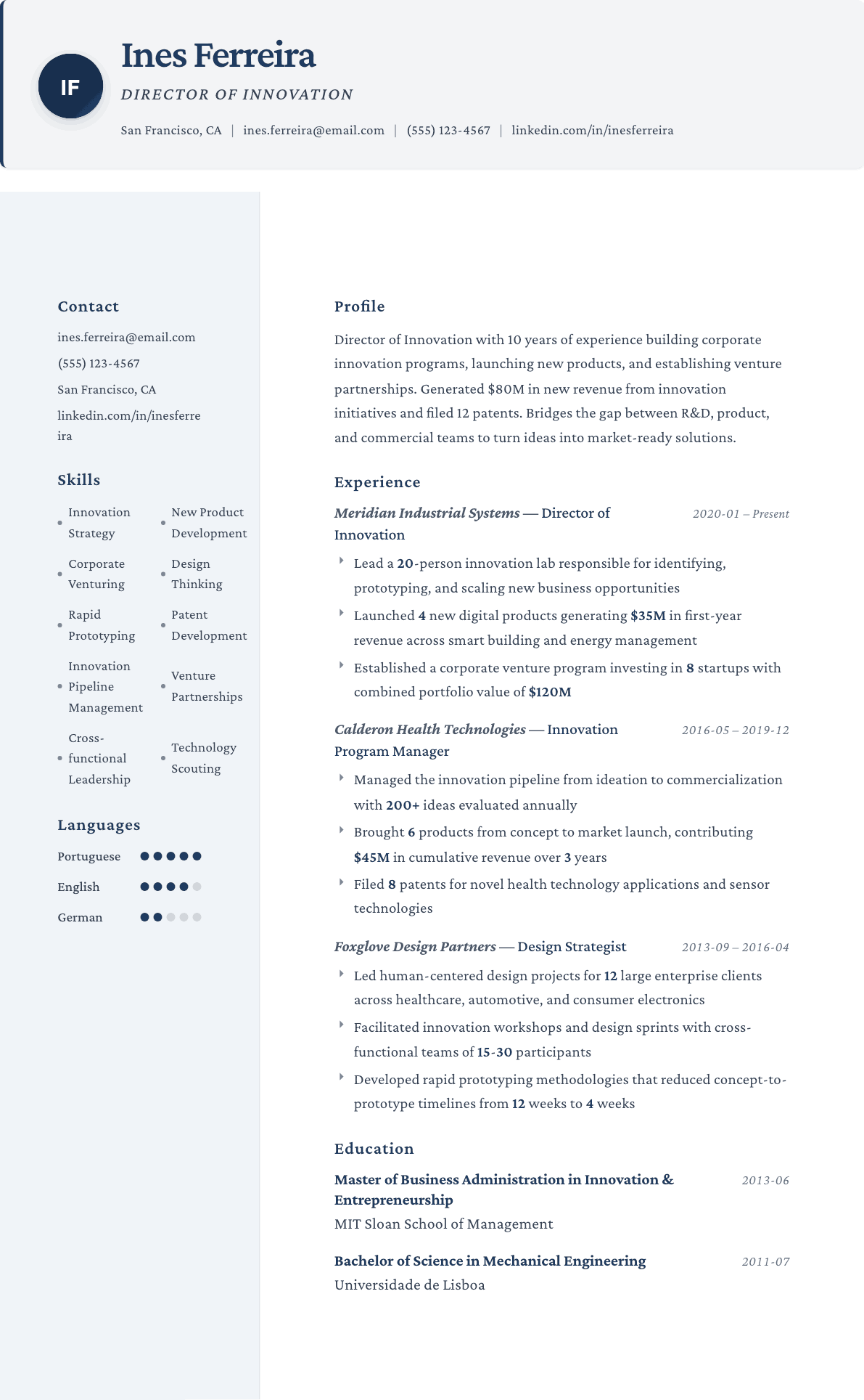 Innovation Director resume example, Formal template