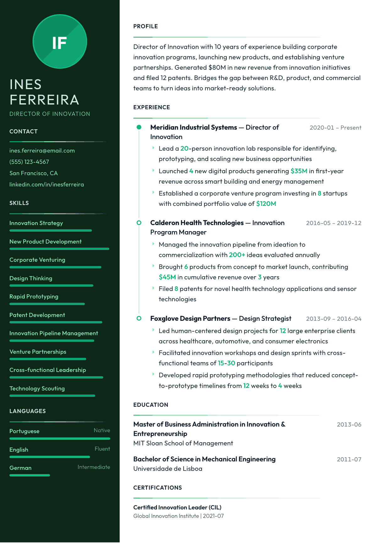 Innovation Director resume example, Meridian template