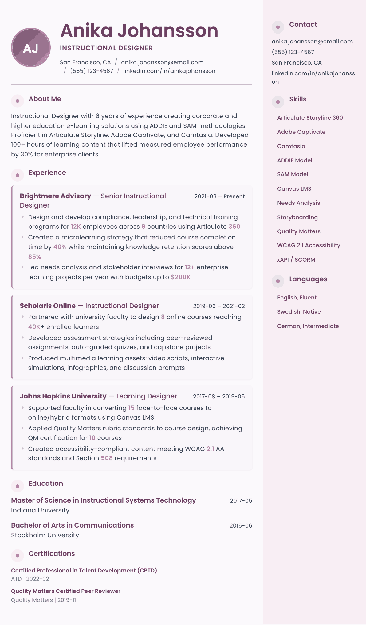 Instructional Designer resume example, Bloom template