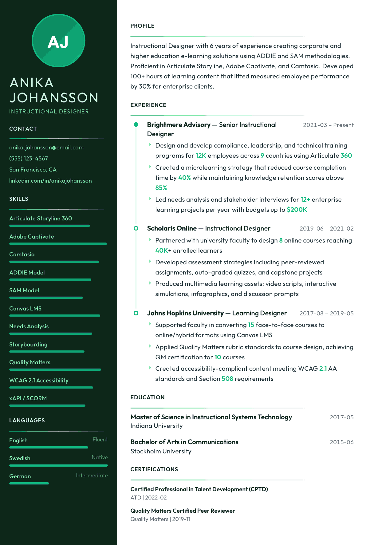 Instructional Designer resume example, Meridian template