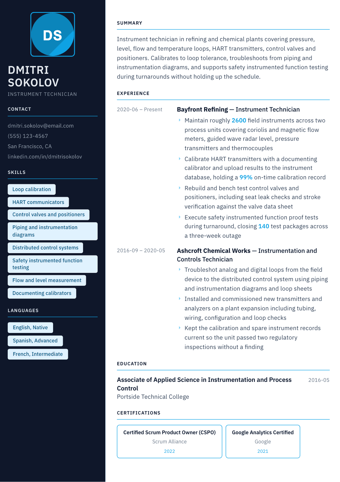 Instrument Technician resume example, Everest template