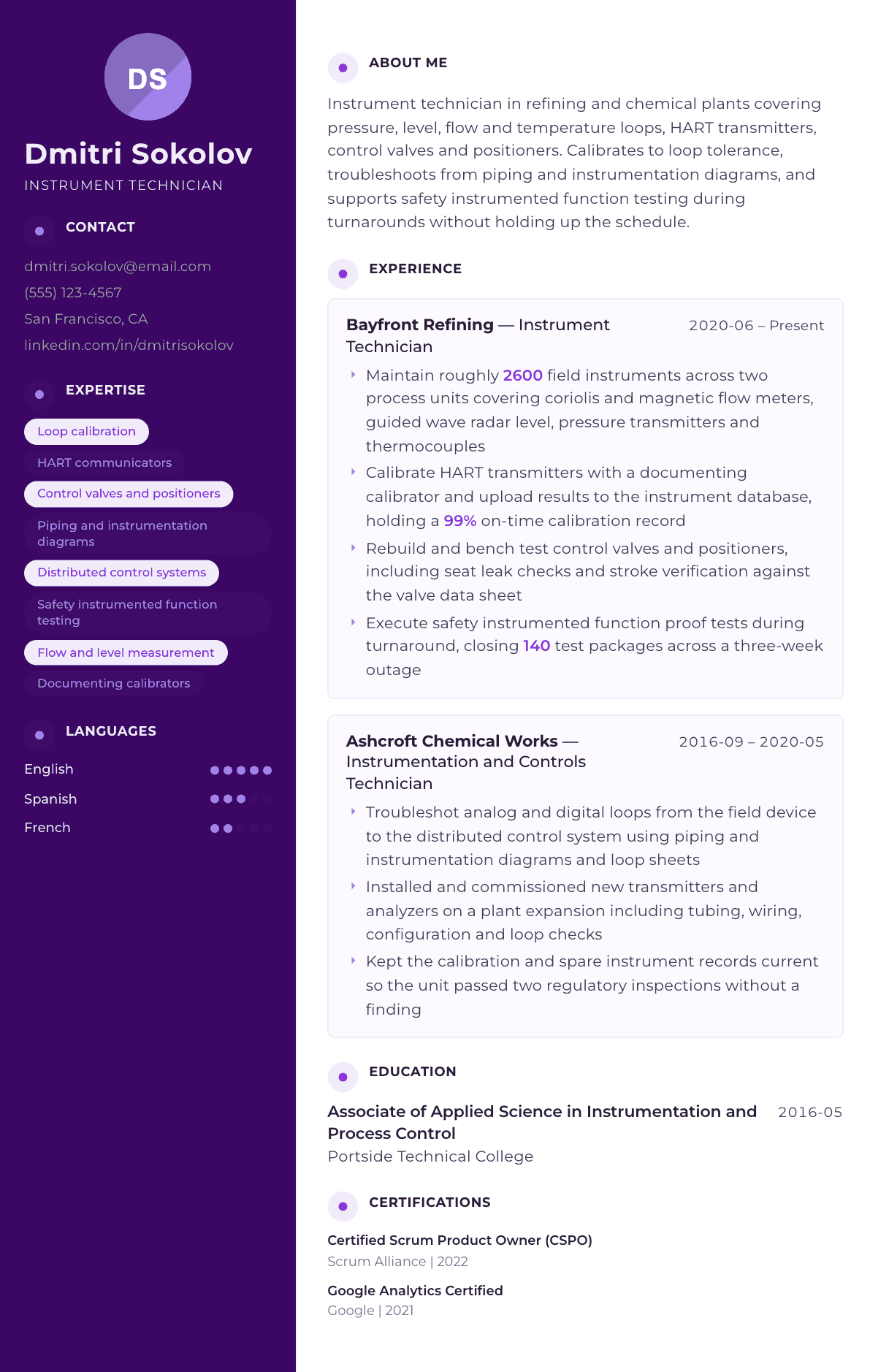 Instrument Technician resume example, Palette template