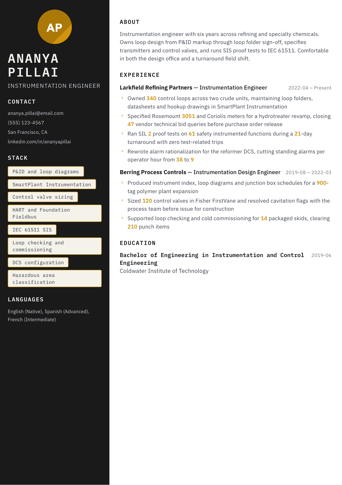 Instrumentation Engineer resume example, Neon template