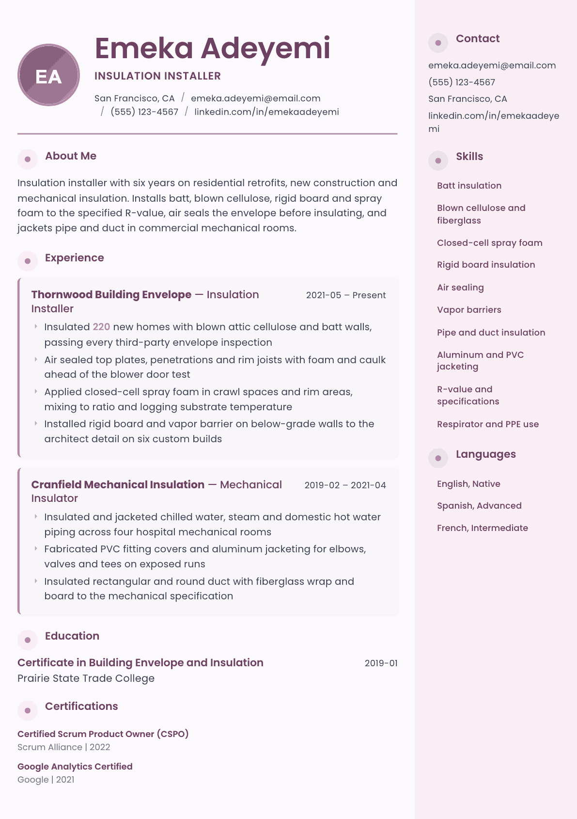 Insulation Installer resume example, Bloom template