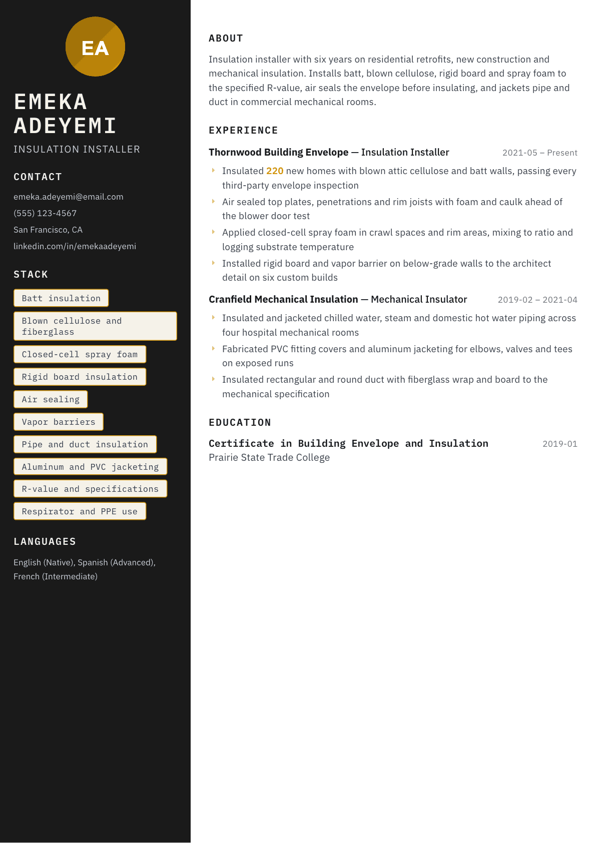 Insulation Installer resume example, Neon template
