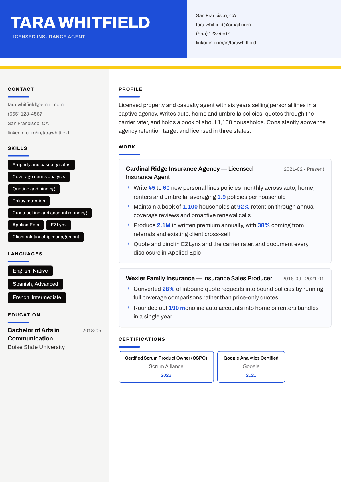 Insurance Agent resume example, Kontrast template