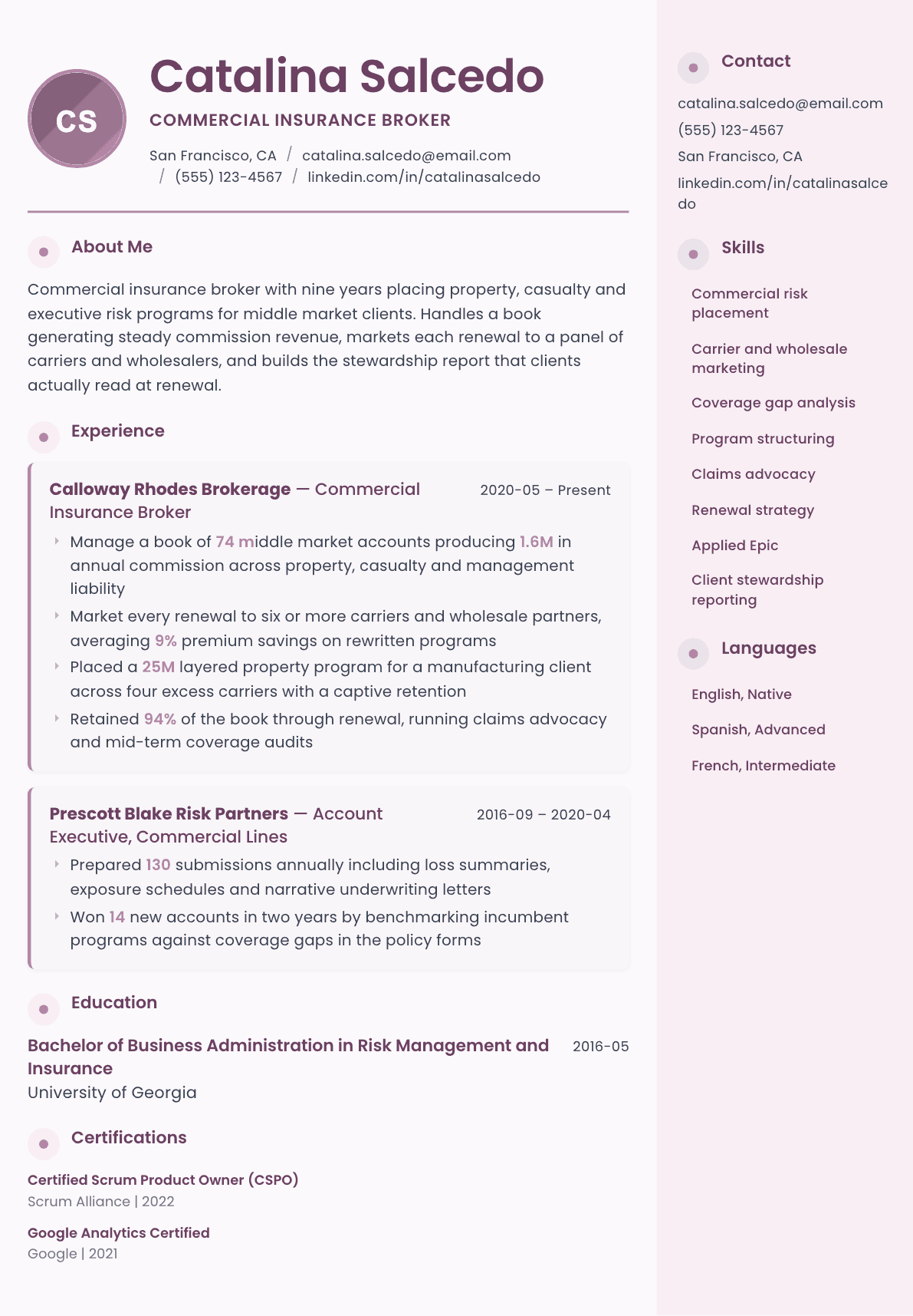 Insurance Broker resume example, Bloom template