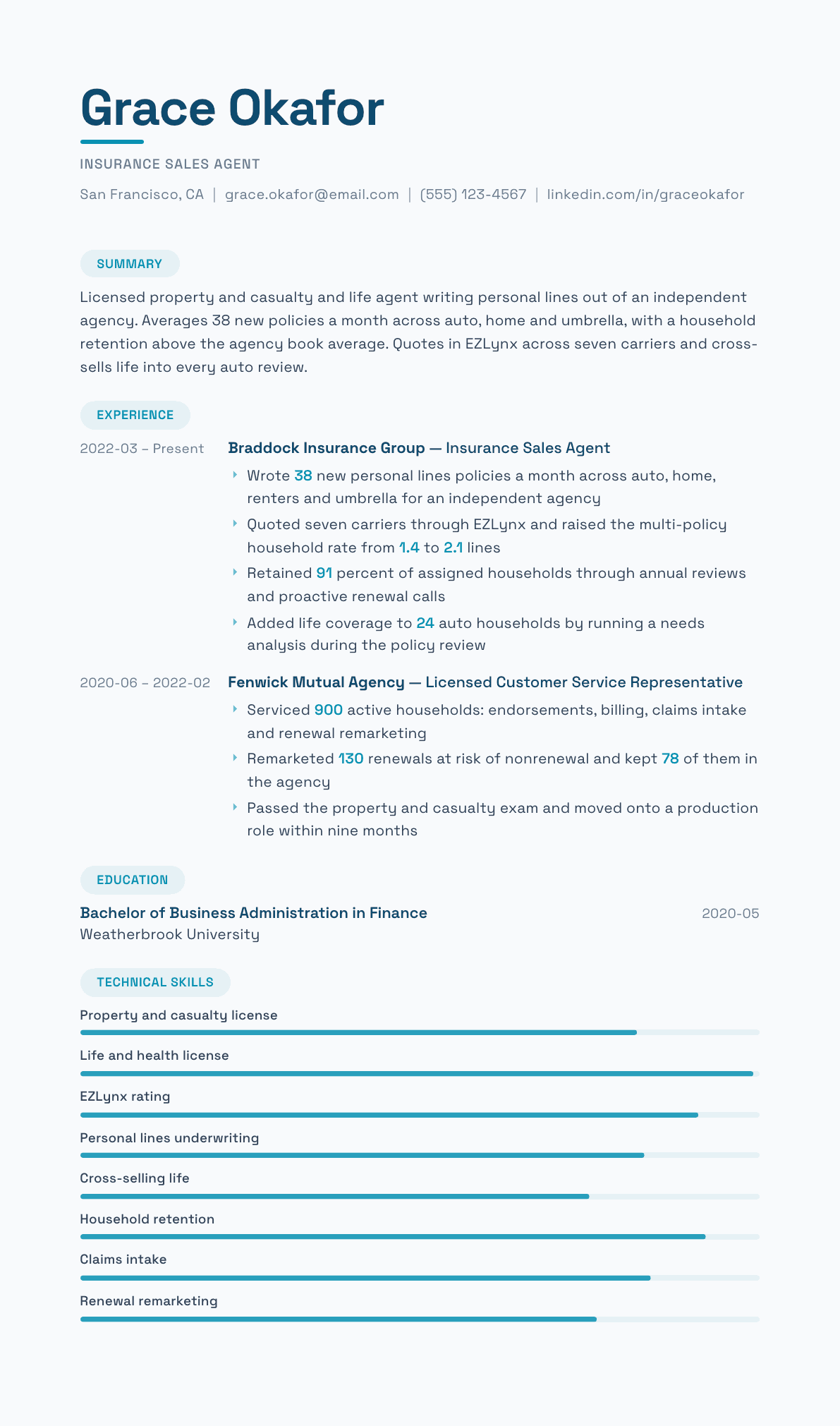 Insurance Sales Agent resume example, Horizon template