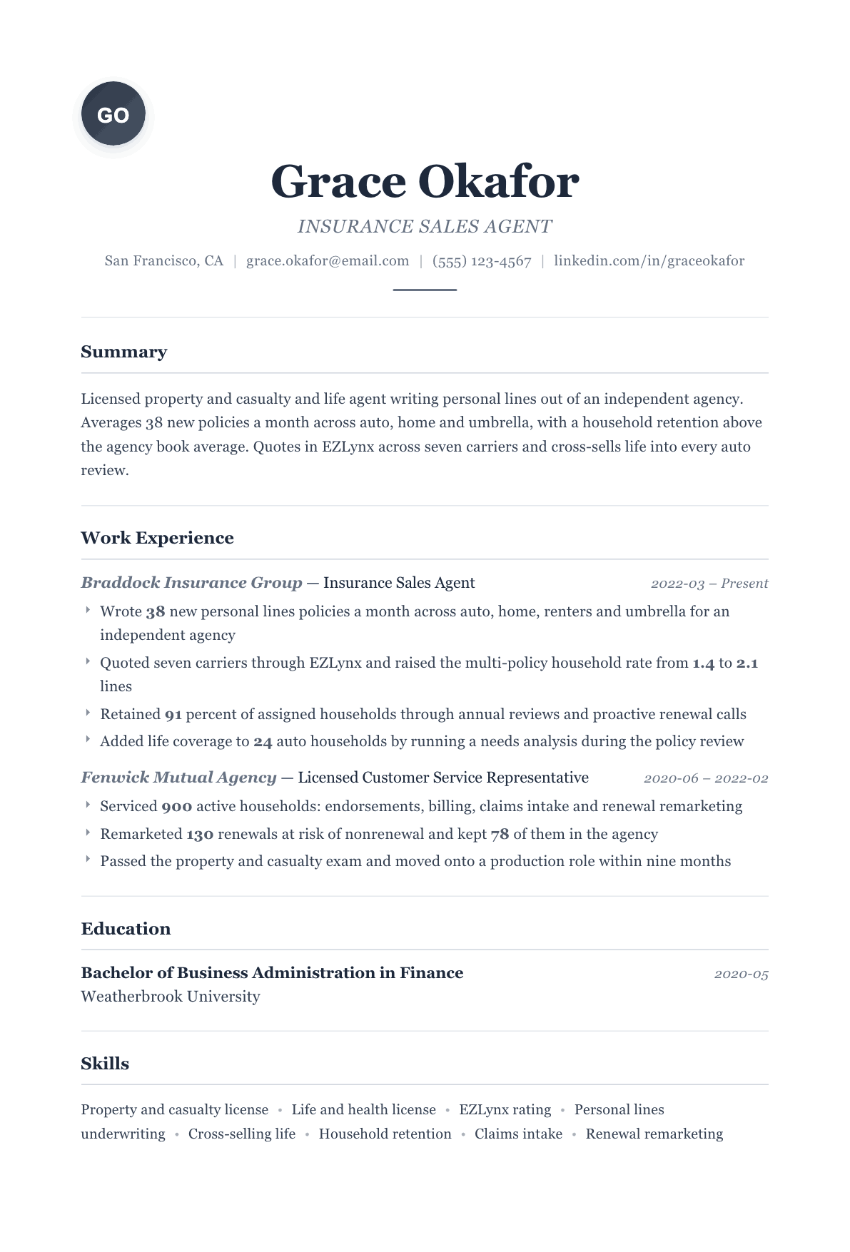 Insurance Sales Agent resume example, Classic template