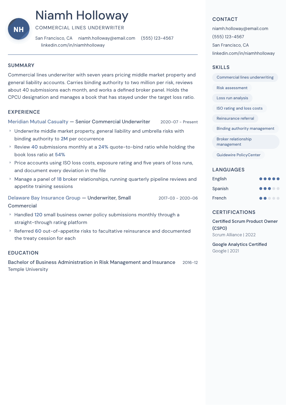 Insurance Underwriter resume example, Kernel template